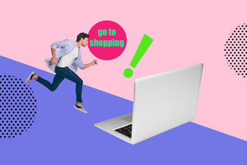 3d poster image full pop art collage of happy girl guy stand laptop device exclamation mark black friday sale addiction customer