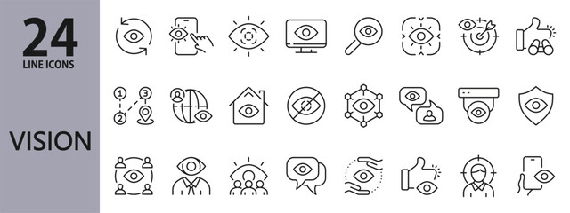 Vision line icons set with Eye, Search, Focus, Surveillance, Security, Target, User and more. Editable Stroke