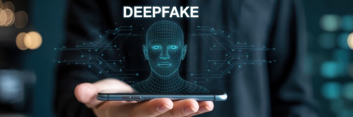 Person holding a mobile phone displaying a digital image of a face.