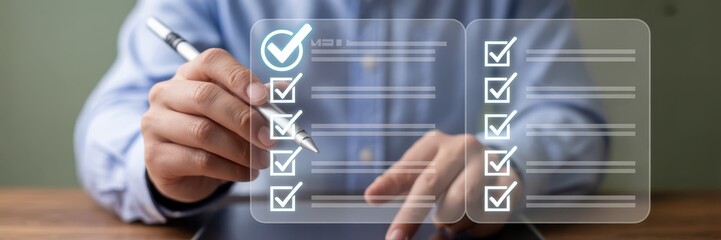Person marking checklist on a digital interface.
