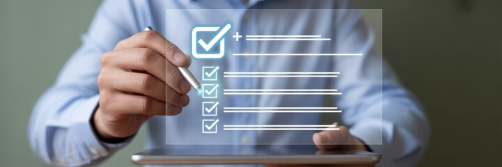 Person marking checklist on digital tablet.
