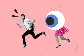 Contemporary image art collage of panic man run headless girl instead head eyeball stare control...