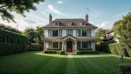 A stately home with manicured landscaping.
