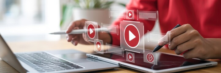 Person using digital tablet with interactive video player interface.