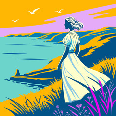 A white-haired maiden wearing a white dress by the sea. Ultra-HD, hyper detailed image