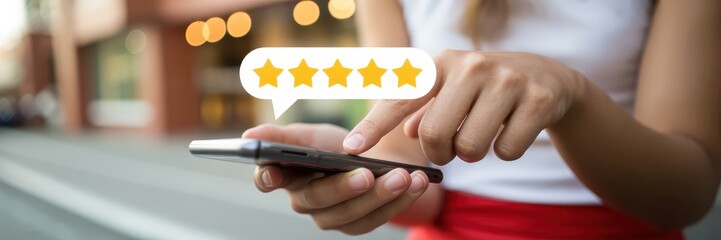 Person using a smartphone to give a positive online review.