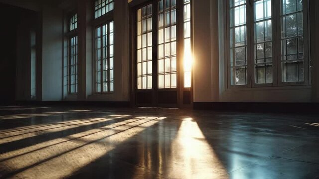 Sunlight streaming through large windows in an elegant empty room with polished floors during early morning hours