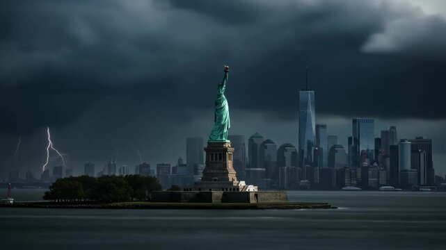Dramatic statue of liberty cityscape