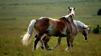 Horses grazing peacefully in a golden pasture during sunset