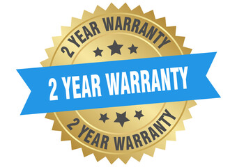 2 year warranty. 2 year warranty round blue and gold label isolated on transparent background