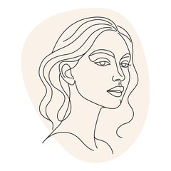 Minimalist one line drawing of a woman's face profile with a beige shape.