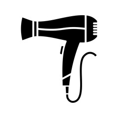 Hair dryer icon for salon or beauty designs. Black silhouette of electric hair dryer device.