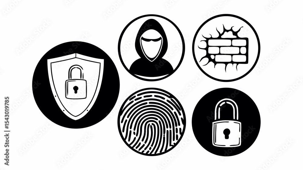 Poster security icons showing shield with padlock hacker fingerprint wall breach and second padlock design 