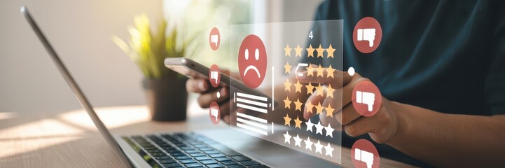 Person interacting with a holographic review interface on a smartphone.