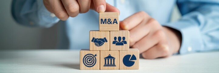 Wooden blocks with business icons are arranged in a pyramid shape.