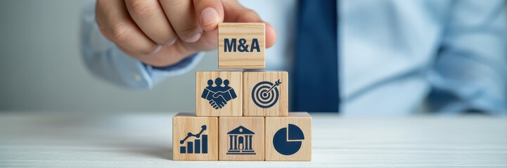 Wooden blocks arranged in a pyramid shape, showcasing business concepts.