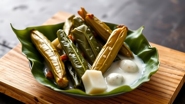 Comorian mataba (cassava leaves and coconut milk) in a palm-leaf dish