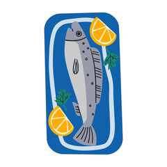 Healthy grilled whole fish on a plate vector illustration. Baked whole fish icon isolated on a white background. Fried fish with lemon,hand drawing illustration .