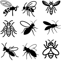 Vector Set of Flying Insect Silhouettes Including Bees, Flies, Wasps, and Winged Bugs — High-Quality Black Icons for Nature Illustration, Biology Education, and Pest Control Graphics