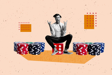 Creative design composite trend artwork collage of young man sit dice rock gesture gambling slot...