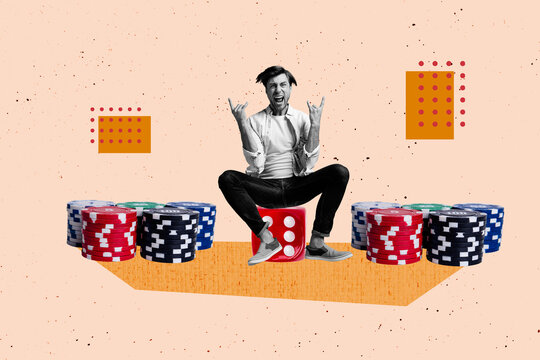 Creative design composite trend artwork collage of young man sit dice rock gesture gambling slot lucky player competition risk blackjack