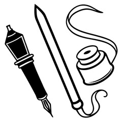 Calligraphy pen ink bottle and brush in line art style