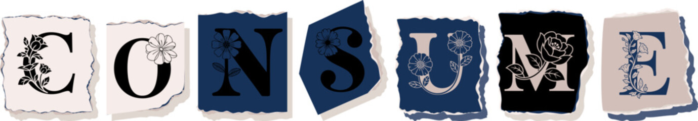 CONSUME Floral Typography of a Concept Word � Elegant Torn Paper Letter Design