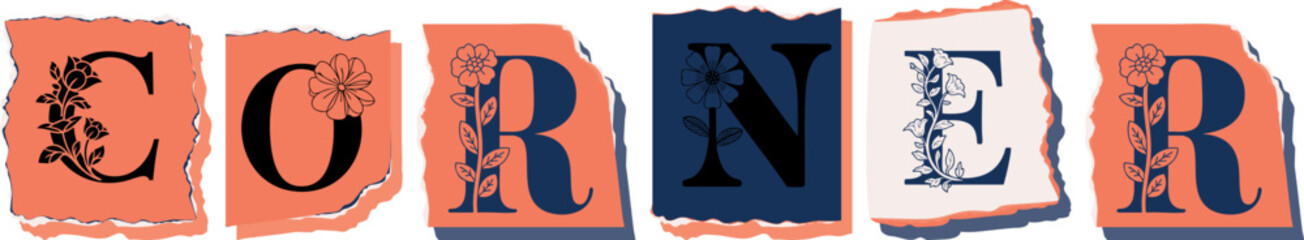 CORNER Floral Typography of a Concept Word � Elegant Torn Paper Letter Design