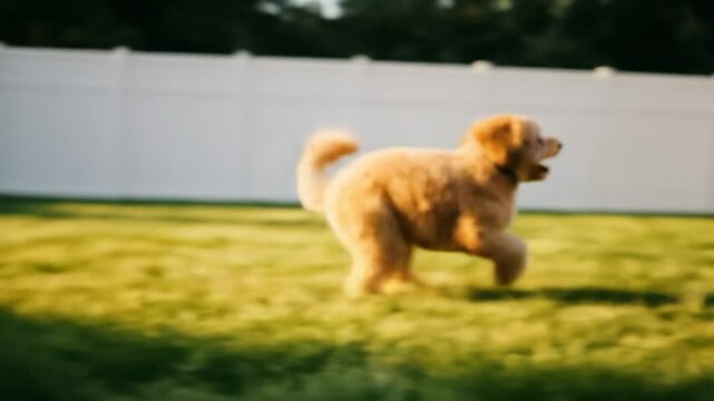 Happy Dog Running in Backyard - A fluffy, light brown dog joyfully runs across a lush green lawn, toward the camera. The dog is in a fenced backyard with a white vinyl fence and colorful flowers.