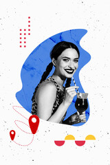 Image vertical artwork collage of happy girl hold cocktail glass drink straw geolocation icon map...
