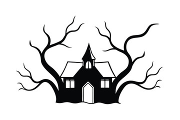 Spooky Haunted House with Twisted Trees Vector Illustration