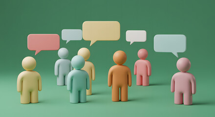 Pastel color figures with speech bubbles are gathered together for communication and discussion.  The background is a muted green.