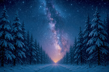 Naklejka premium Starry Night Sky Over a Snow-Covered Forest Road at Dawn in a Tranquil Winter Landscape