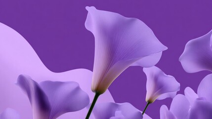 Close-up of a group of purple calla lilies. the flowers are in full bloom, with their petals spread out in a fan-like shape. the petals are a deep, rich purple color and have a glossy texture.