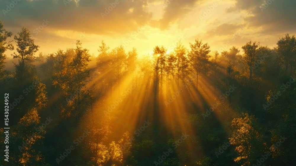 Poster golden hour forest: sun rays pierce through the canopy of a misty forest at sunrise, creating a magi