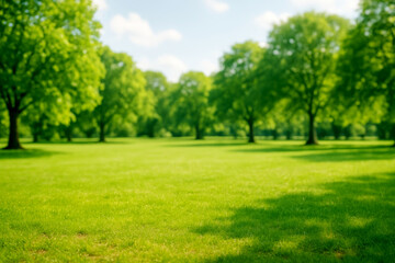Lush Green Park With Vibrant Trees Under a Clear Blue Sky During a Sunny Afternoon in Springtime