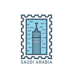 Vector stamp of Makkah, Saudi Arabia tower, landmark, city symbol. Thin line pictogram, skyline emblem, logo, icon graphic. Flat, blue, cool