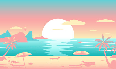 Vector illustration of a tropical beach at sunset with palm trees, umbrellas, loungers, calm sea, mountains, clouds, and a soft pastel color palette. Ideal for summer, vacation, and travel concepts.