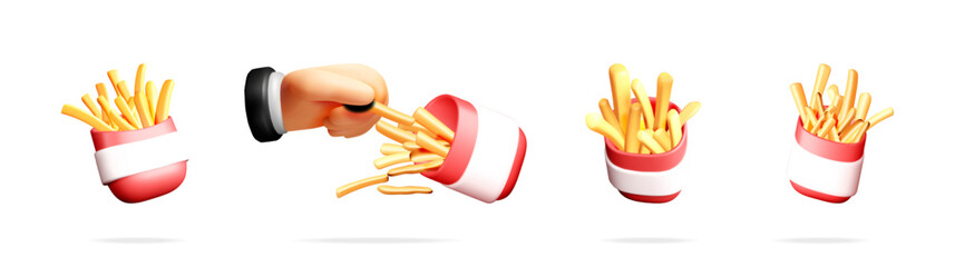 Stock vector set collection of 3d french fries in realistic red and white carton boxes, one hand picking up a single fry