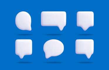 White 3d speech bubble icon set on blue background. Different shape of empty comic talk box with shadow for communication concept.