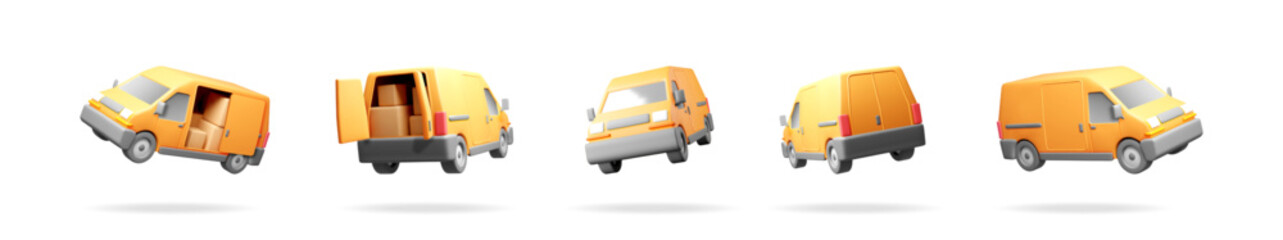 Delivery van 3d icon set. Mail express shipping service. Fast transportation symbol for web design, online store or mobile app.