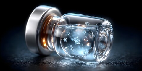 Glowing glass vial with water and bubbles