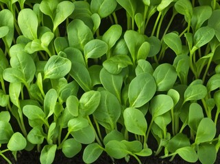 Lush green microgreen seedlings thriving in fertile soil: Close-up of young lettuce plants growing in optimal conditions