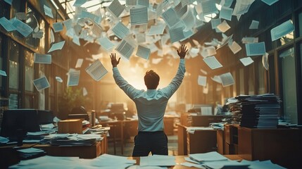 A worker throwing documents into the air in frustration, chaotic office 