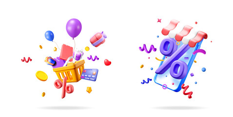 Shopping cart with gifts and credit card, smartphone with percentage sign for online sale and promotion offer.