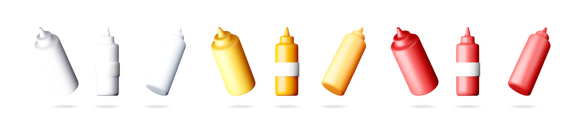 Condiment bottle set 3d style. Red, yellow, and white squeeze bottle for sauce, ketchup, and mustard concept. For food design.