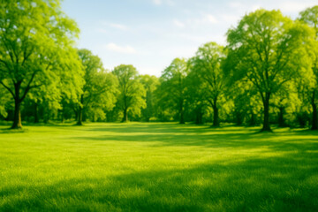 Lush Green Park With Tall Trees and Vibrant Grass Under Bright Blue Sky During Sunny Day
