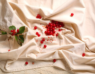 Fresh red berries scattered on soft beige fabric, creating a vivid and natural composition perfect for culinary, rustic, or organic-themed designs.