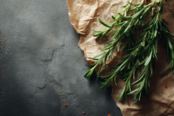 Fresh rosemary sprigs resting on rough parchment paper create rustic mood