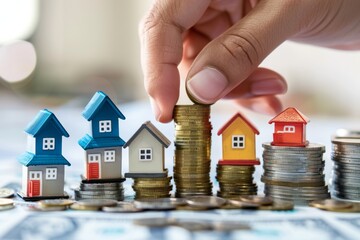 Hand placing coin on miniature house atop coins